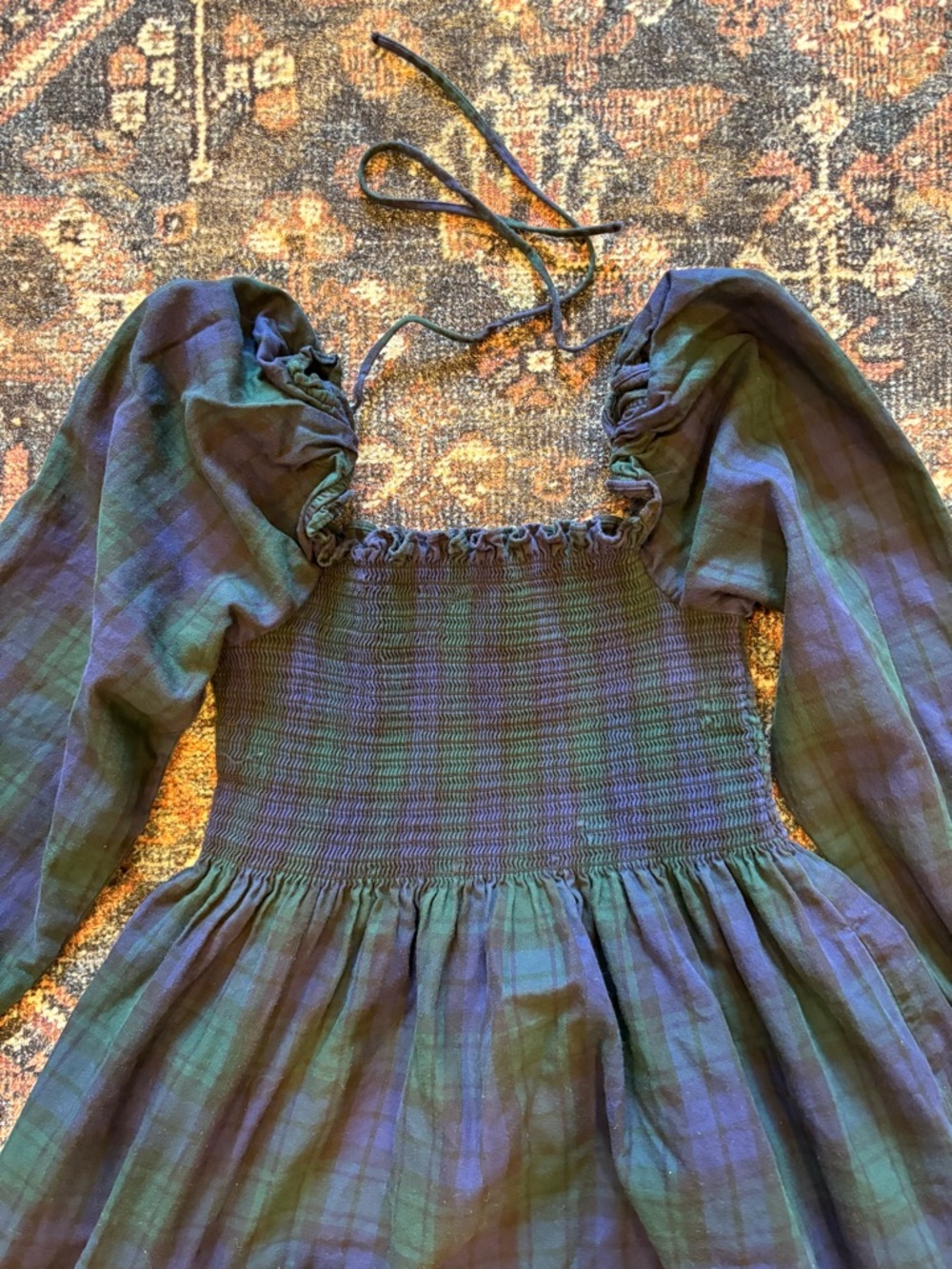 Hill House Nap Dress Blackwatch Plaid Smocked Tiered Maxi Dress - Navy & Green - Picture 4 of 6